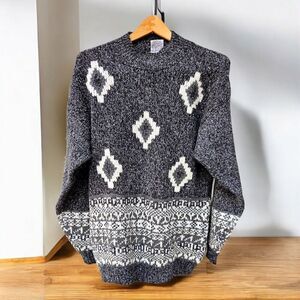 Vtg Mock Neck Wool Blend Grandma Tunic Sweater Gray Aztec Geometric Large